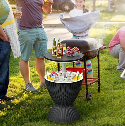 8-Gallon| Rattan Cooler Bar Table with Adjustable Ice Bucket