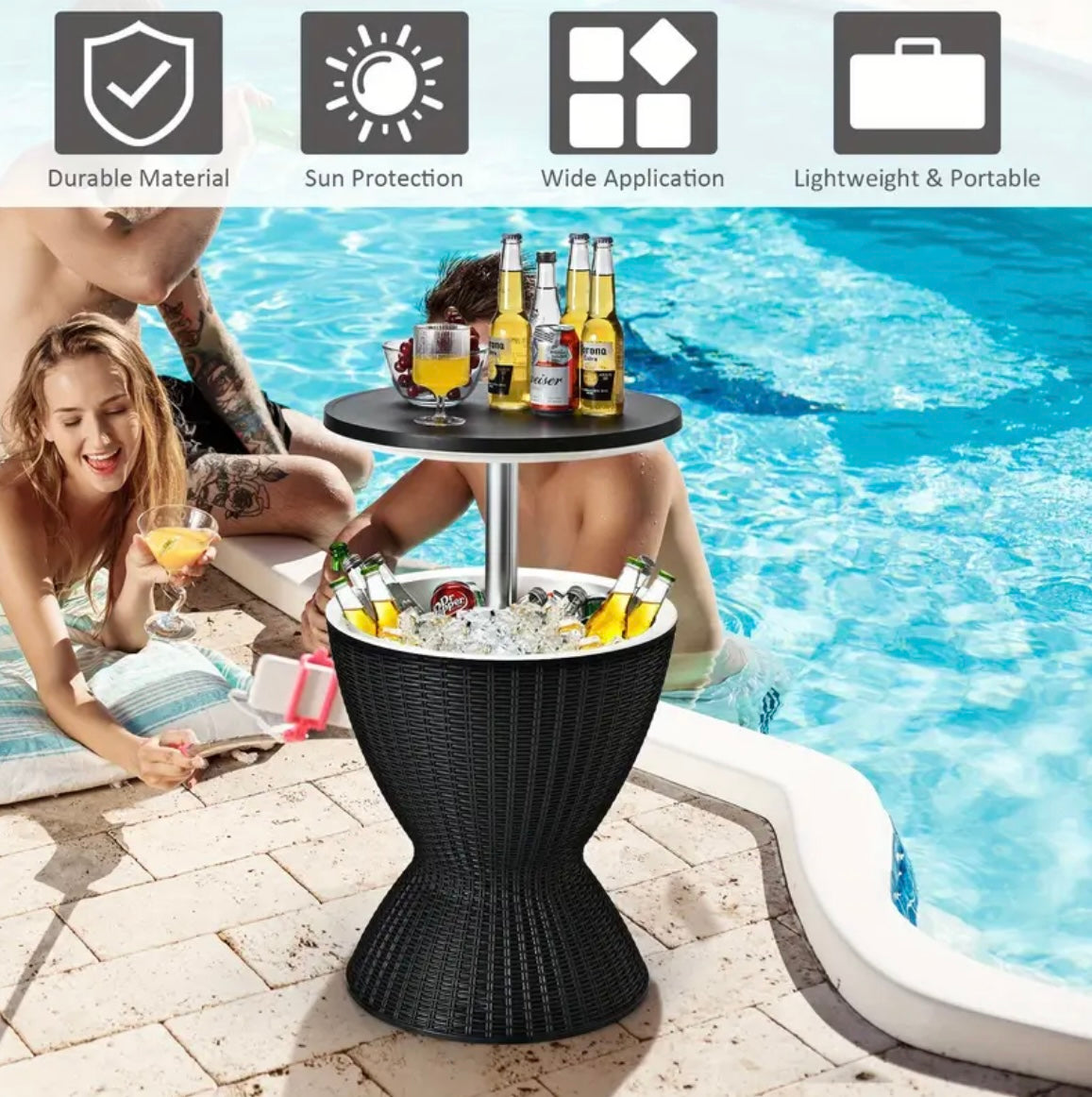 8-Gallon| Rattan Cooler Bar Table with Adjustable Ice Bucket