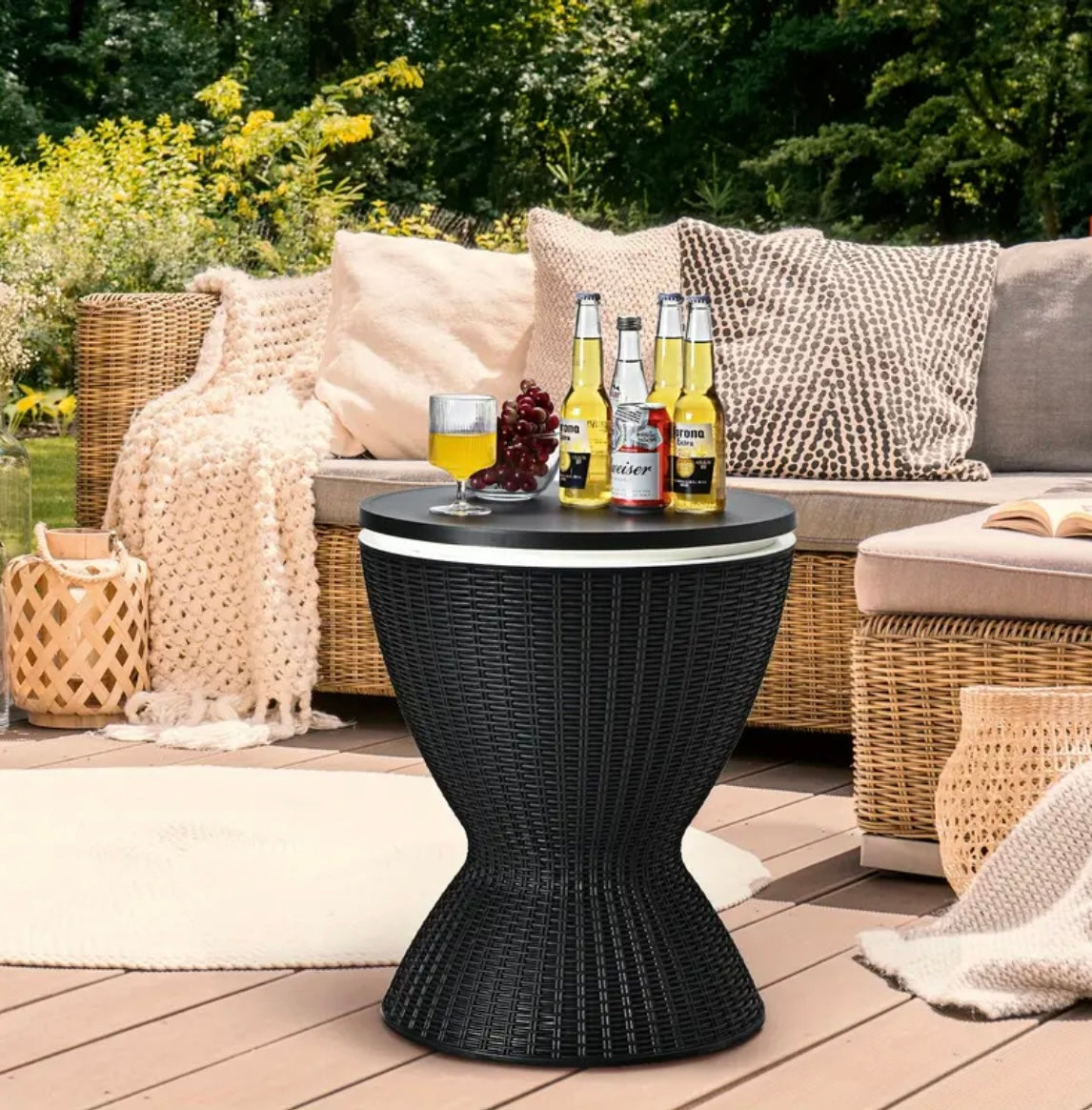 8-Gallon| Rattan Cooler Bar Table with Adjustable Ice Bucket